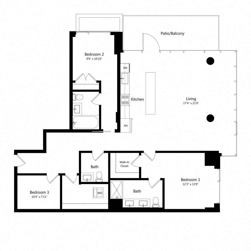 Floor plan for 2 beds, 2.5 baths, 1625 sqft
